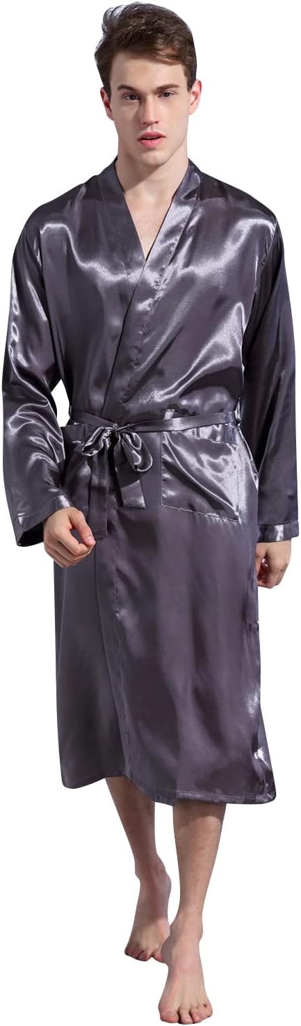 Dolamen Menโs Dressing Gown Bathrobe Kimono Satin Long, Silky Soft & Lightweight Luxury Menโs Kimono Dressing Gown Bath Robe Bridesmaid Housecoat Nightwear Pyjamas + Belt Pockets