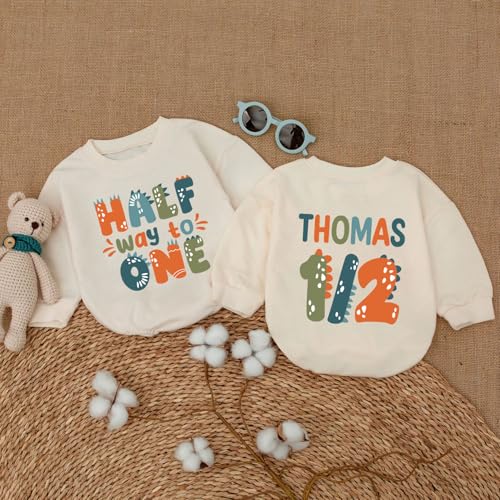 Personalized Half Birthday Outfit Baby Boy, 1/2 Birthday Boy Bubble Romper, Half Way To One Boy Bodysuit4