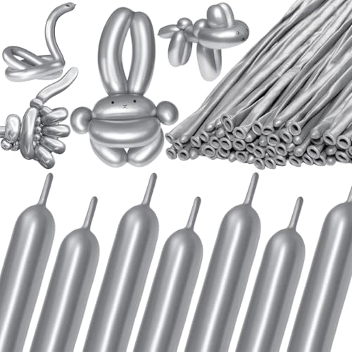 Image of 260 Metallic Silver Long Balloons for Balloon Garland Thickening Skinny Latex Twisting Animals Modeling Christmas Birthday Wedding Party Festival Decorations 100pcs