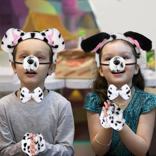 5 Stücke Halloween Tier Welpen Hund Kostüm Set Enthalten Welpen Ohren Stirnband Fliege Gefälscht Nase Schwanz Hundepfote Handschuhe Tier Kostüm Zubehör für Cosplay Party (Schwarz Weiß, Niedlicher)