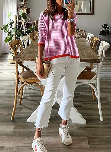 Image of Womens Striped Lightweight Cotton Sweaters Long Sleeve Crew Neck Color Block Casual Knitted Pullover Tops