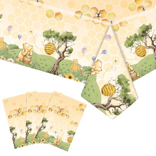 3 Pcs Party Tablecloths Bear Baby Shower Tablecloths Classic Bear Disposable Thickened Plastic Table Cover for Kids 1st 2rd Baby Party Supplies 54x108Inches (Yellow)