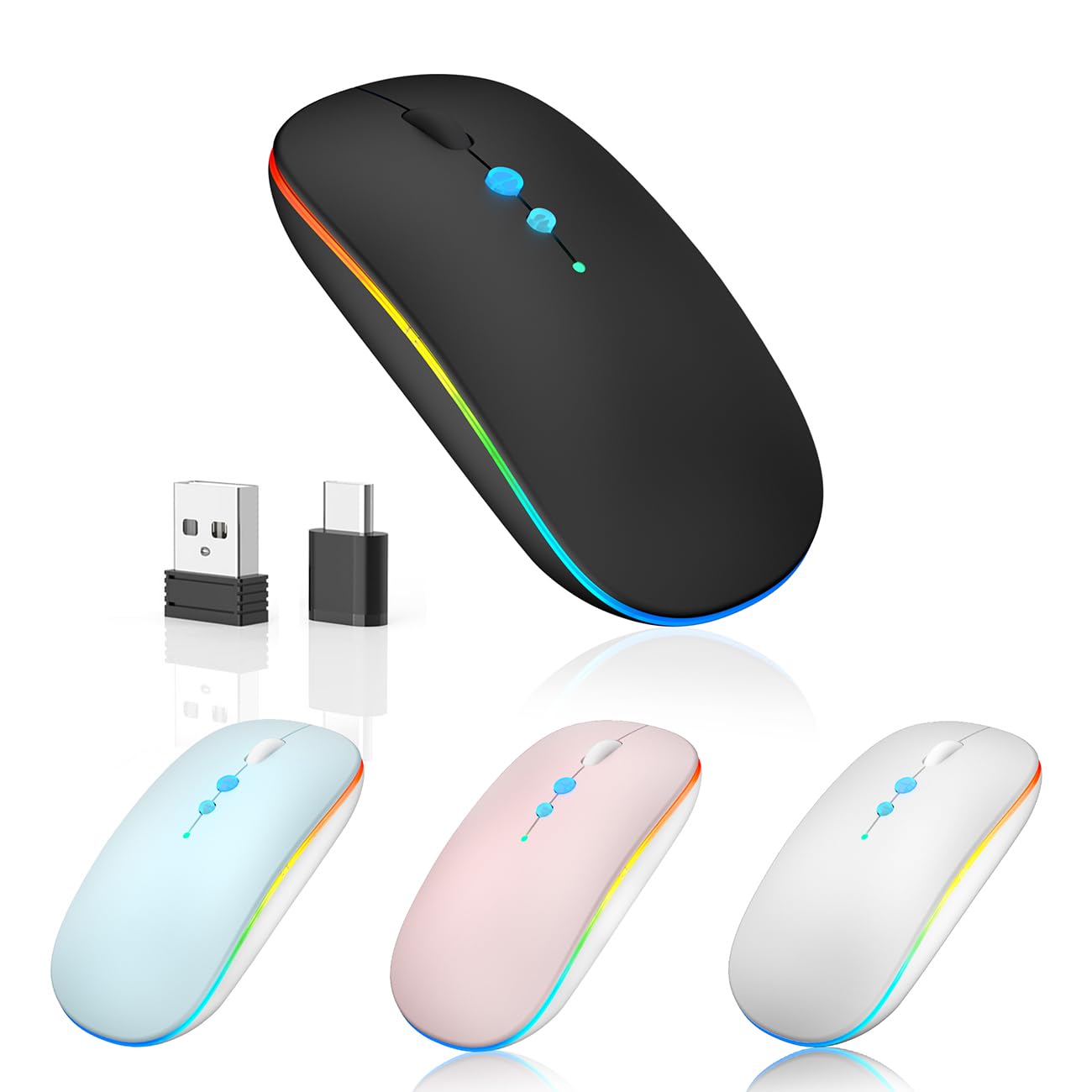 LED Wireless Mouse A100S Rechargeable Portable Silent Mouse with Optional USB and Type-C Receiver 3-Speed Adjustable DPI for PC/Mac/Laptop (Frosted Black)