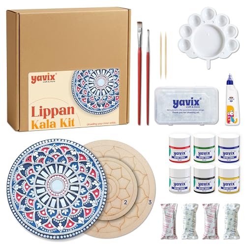 YAVIX Lippan Kala Kit | Complete DIY Craft Set with 3 Premarked Round MDF Boards, Acrylic Colors, Mirrors & Moulding Clay for Art & Home Decor | Ideal for Gifting, Artists & Beginners