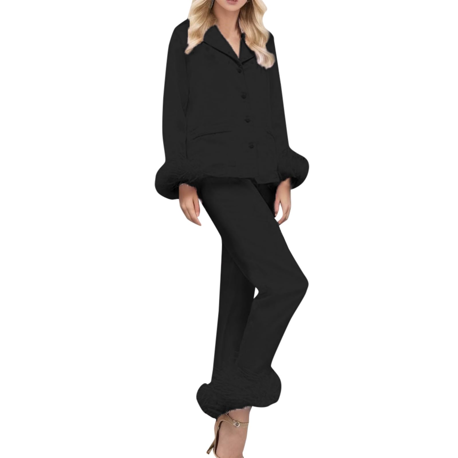 Pijama de algodón de color sólido para mujer, para invierno, otoño, casual, solapa, botones, satén con plumas, cómodo, atractivo, ropa de descanso, suave, cómodo, súper suave, conjunto de pijama de