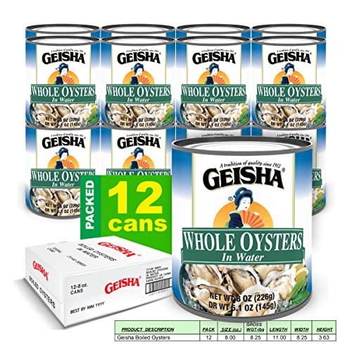 GEISHA Whole Oysters in Water 8oz(Pack of 12), Boiled Oysters| Ready to Eat -Zero Trans Fat - No Sugar Added – Farm Raised – Good Source of Iron – Gluten Free – Excellent Source of Protein