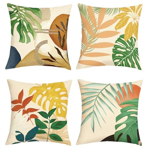 Joymaison Housse Coussin 45x45 Lot de 4 Bohu Feuilles Tropicales Taie d'oreiller Abstrait Moderne Plante Palmiers Housse d'oreiller pour Coussins Canapé...
