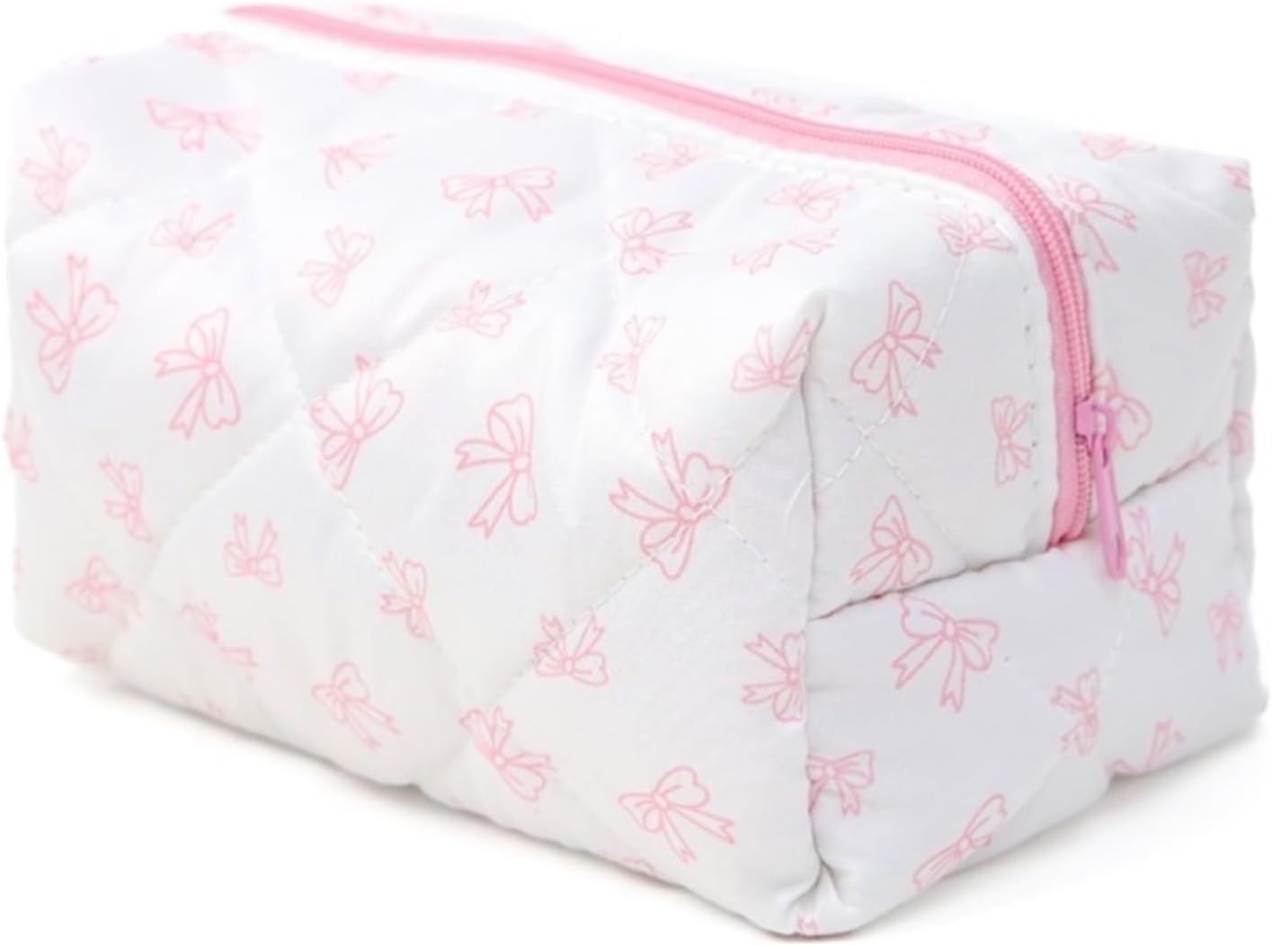 SOKTDO Bow Pencil Case Cute Quilted Bow Y2k Makeup Bag Small Pouch Cosmetic Bag Toiletry Organizer Bag(Light Pink)