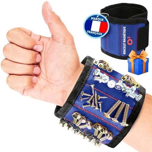 O³ Bracelet magnétique Bricolage - Ajustable - 15 aimants puissants - Idée Cadeau fête des pères et Noël - Idéal pour Maintenir Clous, vis, forets- Homme - Femme