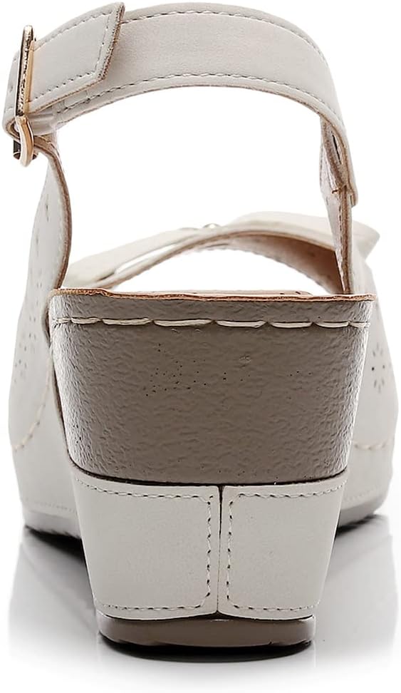 Altxic Women's Peep Toe Bow Hollow Out Slingback Platform Wedge Sandals Perforated White 9 US - Image 6