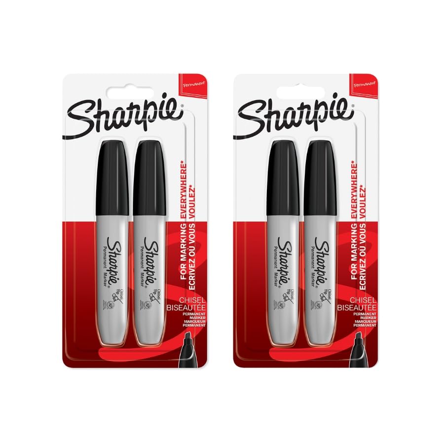 Sharpie Chisel Tip Permanent Markers, Black, Bulk Pack of 4 (Two 2-Packs), 4 count (Pack of 1)
