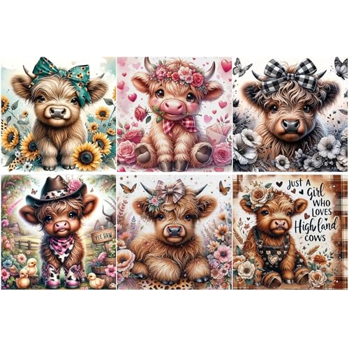 6 Pack Highland Cow Diamond Art Kits for Adults 5D DIY Diamond Painting Kits for Beginner Diamond Dots Full Drill Crafts for Gem Art Dot Art for Adults Home Wall Decor for Teens Boys Girls 12x12inch