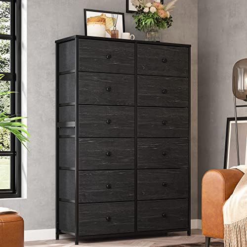 EnHomee Tall Dressers for Bedroom, 12 Drawer Dresser with Wooden Top and Metal Frame, Fabric Dresser & Chest of Drawers for Bedroom Closet Living Room, Black Wood Veins, 11.9" D x 34.8" W x 52.2" H
