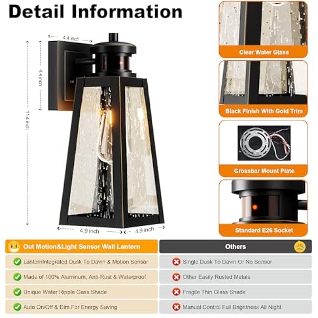 Motion Sensor Outdoor Lights, Dusk to Dawn Outdoor Wall Lights with 220¡ã Detection & 3 Modes, IP65 Waterproof Exterior Lighting Fixtures for House Porch Patio Garage (Gold Trim)