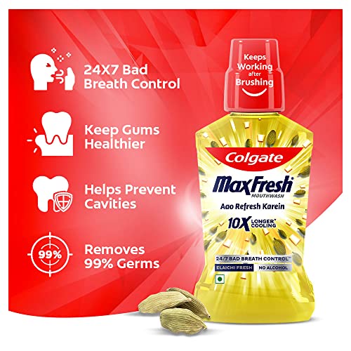 Image of Colgate Maxfresh Plax Antibacterial Mouthwash, 24 /7 Fresh Breath, 0% Alcohol - 250ml, (Elaichi Fresh)