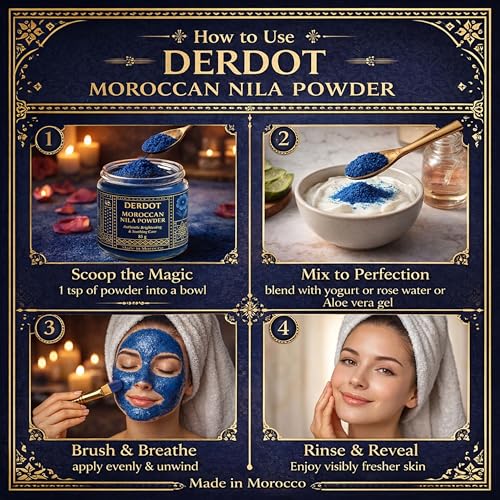 Image of Moroccan Nila Powder | 100% Natural Indigo Blue Powder for Skin Brightening, Soothing & Detox | Traditional Moroccan Hammam Beauty Treatment for Face & Body Care (85gm)