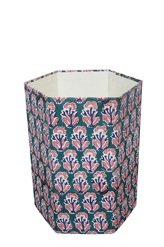 Image of 3.3 Gallon Cotton Hand Block Printed Paper Waste Basket |Small Decorative Trash Can for Housewarming Gifts in Living Room, Bedroom, Bathroom | Eco-Friendly, Plastic-Free (1, Green Blue RED Tree)