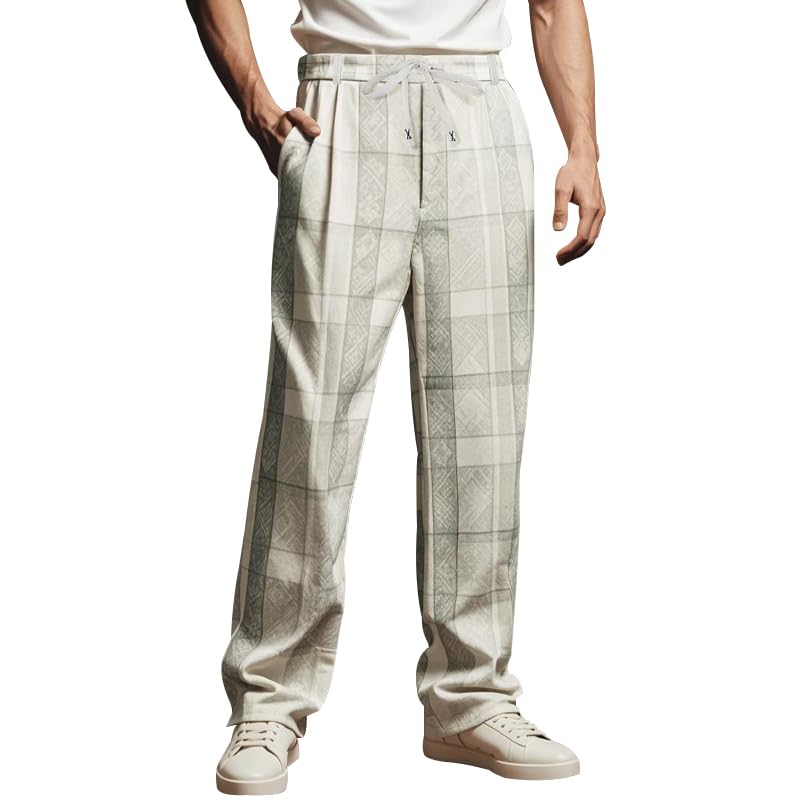 Men's Plaid Pants Slim Fit Casual Checkered Trousers Lightweight Elastic Waist Stripes Pants with Pockets
