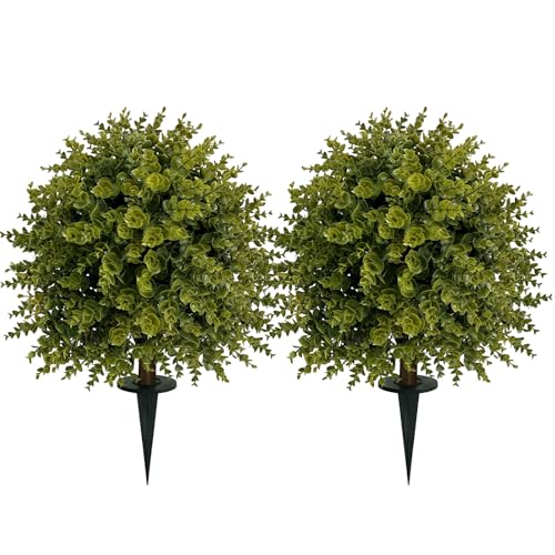 2 Set 25' Artificial Eucalyptus Topiary Ball Trees with Ground Spike,Artificial Plants Outdoor,Fake...