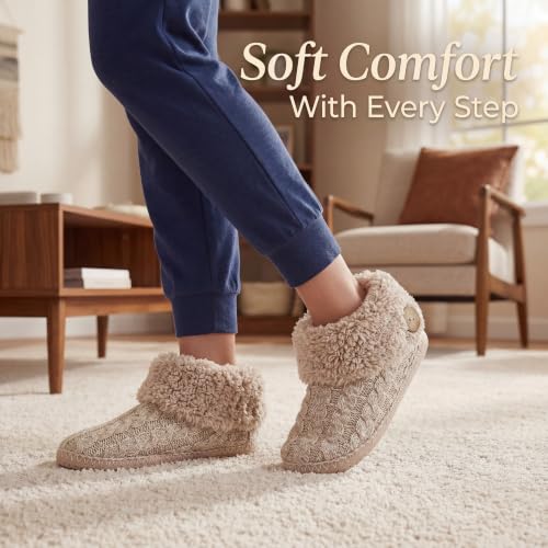 Image of cosyone1997 Cable Knit Slipper Socks for Women Non Slip Soft Sole | Fuzzy sherpa lining, gripper dots, flexible bootie coverage and machine washable care for warm, comfortable indoor wear
