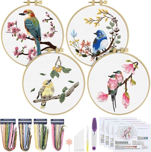 ERKOON 4 Sets Embroidery Kit for Beginners,Hummingbird and Flower Cross Stitch Set for Include Embroidery Cloth Hoops Threads for Craft Lover Hand Stitch (Flowers and Birds)