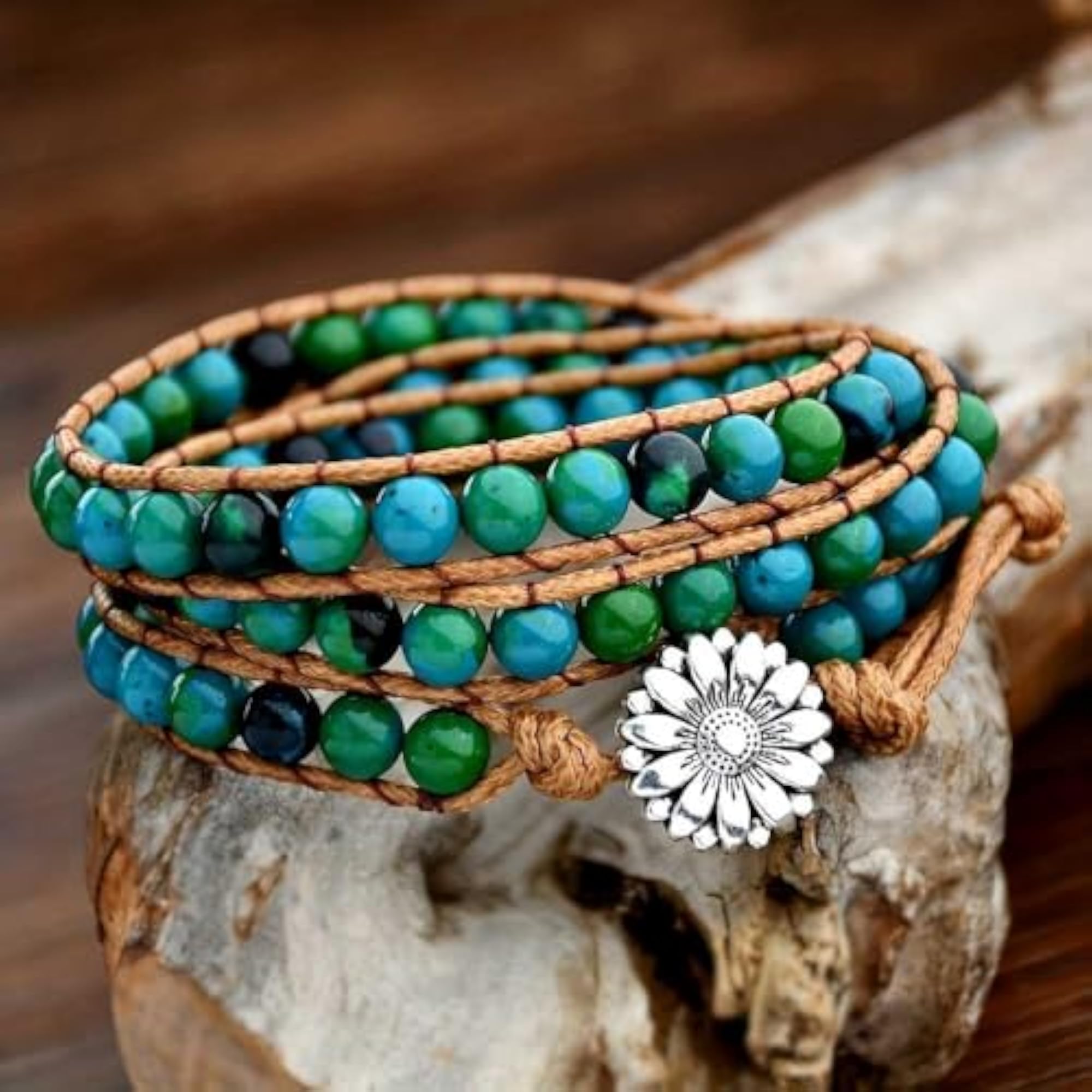 Floral Charm Beaded Leather Rope Bracelet for Teens