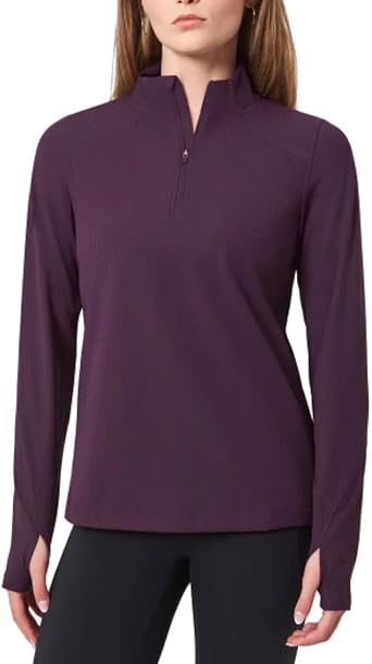 Mondetta Women's Long Sleeve Active Ribbed 1/2 Zip Top with Thumb Holes (US, Alpha, Medium, Regular, Regular, Purple)