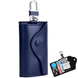 FaJoek Etui Porte-Clé Cuir Hommes Cuir véritable en Peau de Vache clé de Voiture, Clé de Voiture Étui en Cuir, Carte d'identité Titulaire Portefeuille Keyring Keychain (Bleu)