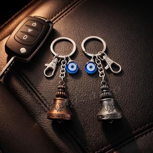 Image of Guardian Bell Keychain For Bike & Car | Tibetan Bells Texture Keyring For Bike | Copper Silver Combo Bells | Evil Eye Good Luck Charm Bell Keychains | Nazar & Protection Charm | KeyRing for Riders