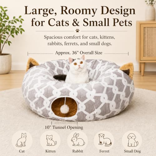Image of Large Cat Tunnel Bed Under Christmas Tree with Fluffy Toy Balls, Small Cushion and Flexible Design- 10 inch Diameter, 3 ft Length- Great for Cats, and Small Dogs, Gray Geometric Figure
