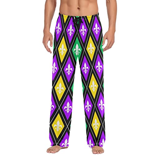 Heraldic Fleur De Lis Carnival Pajama Pants Plaid Mardi Gras Men's Pajama Bottoms Lounge Sleepwear PJs Sleep Pants XL
