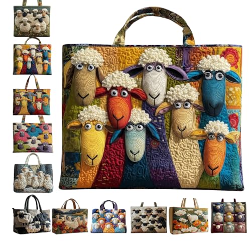 Generisch Tragetasche mit Schaf, Handgefertigt Schaf Tasche Lustige Schafmotiv Stickerei Gesteppte Einkaufstasche fur Tierliebhaber, Gepolstertem Griff (D)