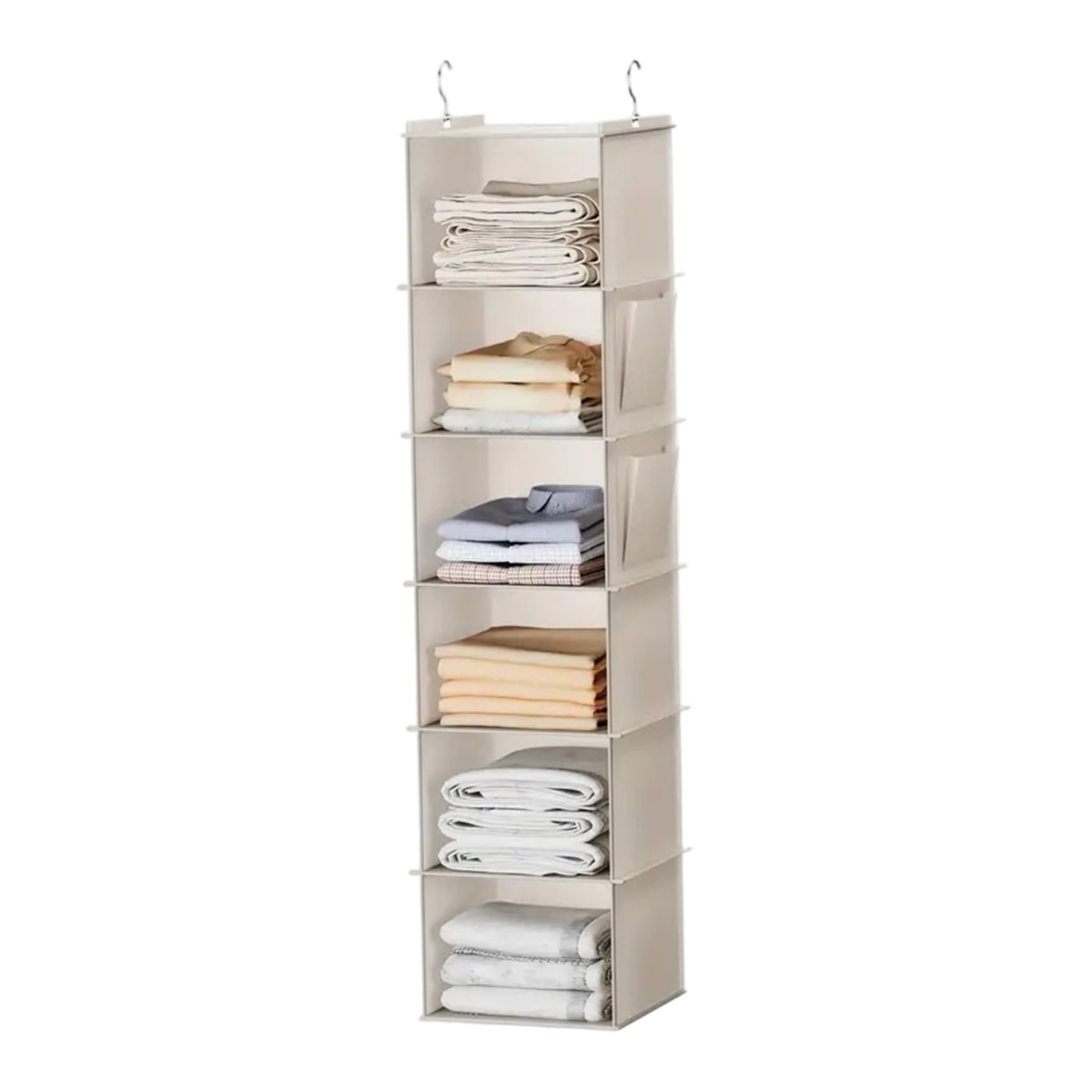 Tsawntd Hanging Sweater Organizer for Closet, 6-Shelf Hanging Closet Organizer with Side Pockets, Foldable Clothes Storage with Hooks 11.6x11.8x47.2 inch Beige