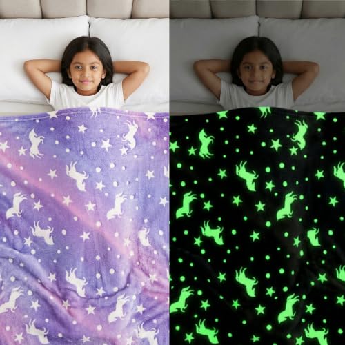 Image of Famyo Glow Blanket for Kids -Unicorn | Kids Blanket 0-15 Yrs | 200x152 cm Double Bed Blanket | Soft Flannel Blankets for Winter | Lab-Tested & Safe, (Purple)