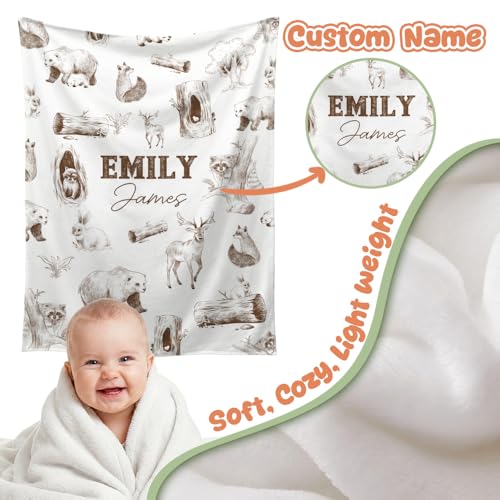 Image of Personalized Baby Blanket for Boys Girls, Custom Name Color and Sizes, Woodland Animals Baby Blankets for Son Daughter, Super Soft Fleece Blanket, Lightweight Bed Throw Nursery Blanket