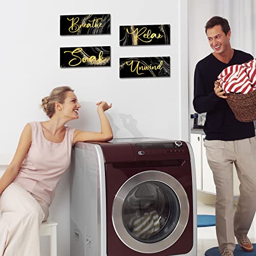 4 Pieces Bathroom Relax Soak Unwind Breathe Wall Art Wooden Hanging Signs Rustic Vintage Farmhouse Gold Wall Decor For Home Laundry Spa Room (Classic Style, 10 X 4 Inch) #TOP4