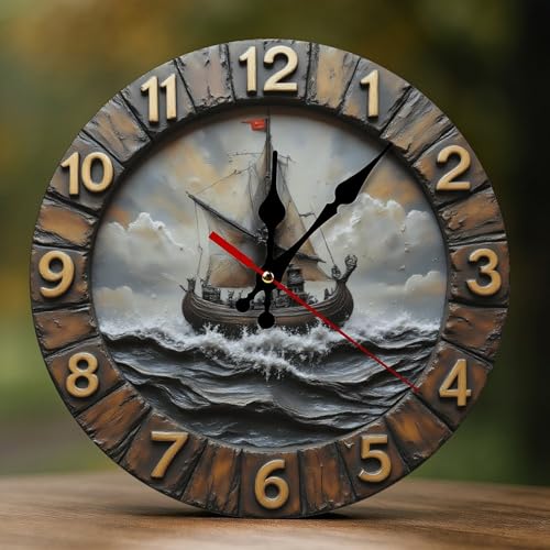 Novastar Orologio decorativo da parete a batteria, 25,4 cm, moderno in legno vintage marrone, stampa 2D con nave vichinga, senza ticchettio, silenzioso, per soggiorno, camera da letto, ufficio, hotel