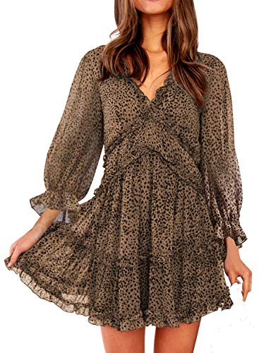 Happy Sailed Women Half Sleeves V Neck Backless Swing Ruffle Dresses Large Leopard