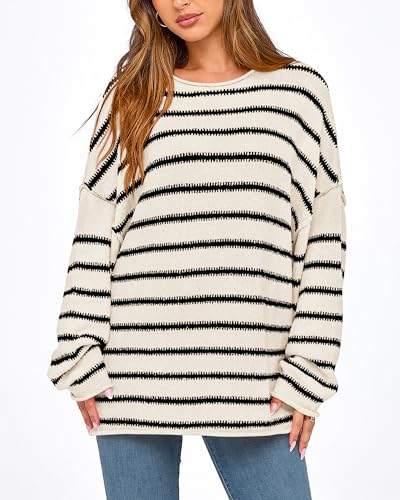 BTFBM Women's Striped Knit Sweaters 2025 Spring Fall Boat Neck Off Shoulder Long Sleeve Oversized Casual Pullover Tops