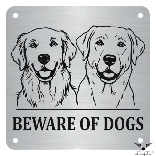 Image of Beware of Dog Sign, Labrador & Golden Retriever, 8x8 Inch, Durable Steel, Triple Mount