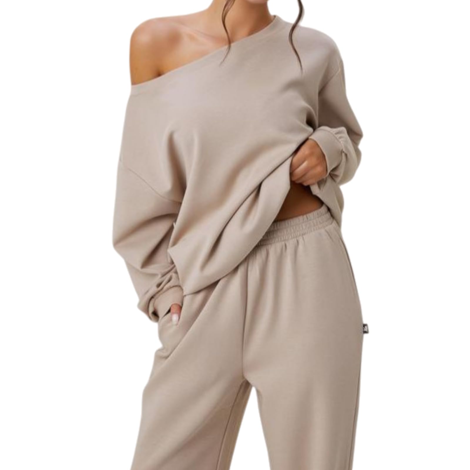 Ensemble 2 pièces assorti pour femme, pull surdimensionné à épaules dénudées et pantalon de jogging à jambe large