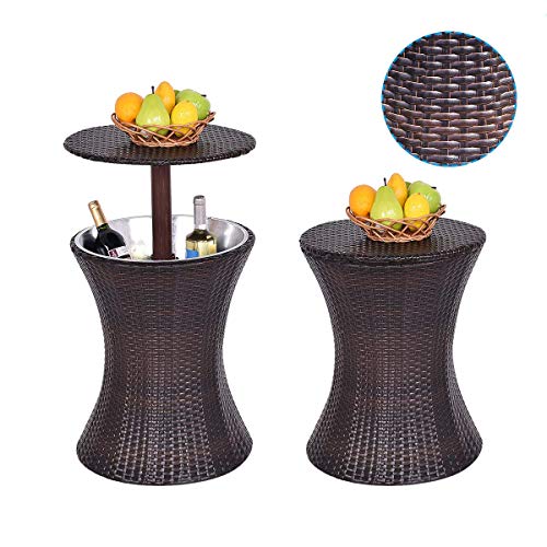 Rattan Style Cool Bar Ice Cooler Table, Adjustable Height Wicker Bucket, Cold Beer Cocktail Bar for Outdoor Patio Party Deck Pool Garden, Brown