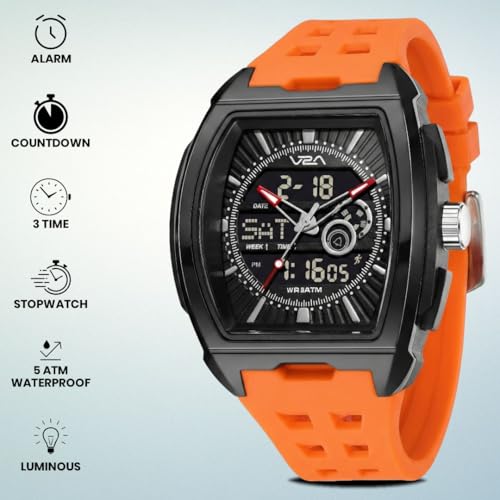 Image of V2A Impact 50mm Analog Digital Watch for Men | Tonneau Sports Case Design | Alarm Stopwatch Countdown Dual Time | TPU Strap | 50M Water Resistant | Gift for Men