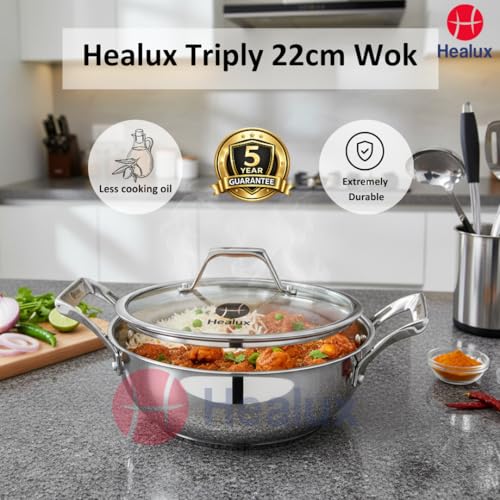 Healux Triply 22cm Maxi Wok with Glass Lid – 2.5L | Indian Kadai | Induction Friendly, Oven and Dishwasher Safe | 5 Years Guarantee – Silver | 304... - Image 2