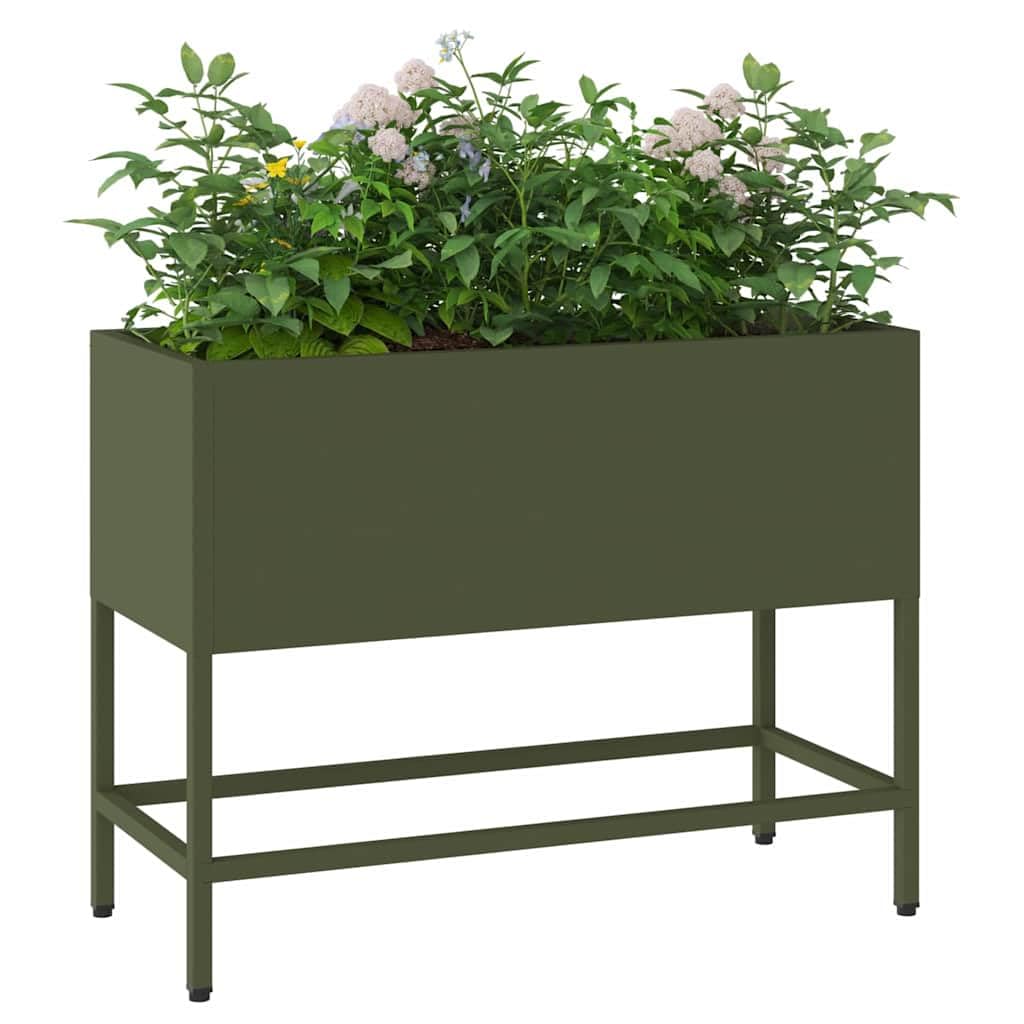 Podwyższona grządka ogrodowa, oliwkowa zieleń, 60 x 26 x 45 cm, stal, wytrzymała metalowa skrzynka na rośliny do użytku na zewnątrz, odporna na promieniowanie UV, łatwy montaż, idealna do ogrodu i na