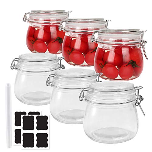 16 oz Clear Glass Jars With Airtight Lids and Leak Proof Rubber Gasket,Wide Mouth Storage Containers, Mason Jars With Hinged Lids For Kitchen Canisters , Set of 6. Include 1 Pen and 10 Chalk Labels.
