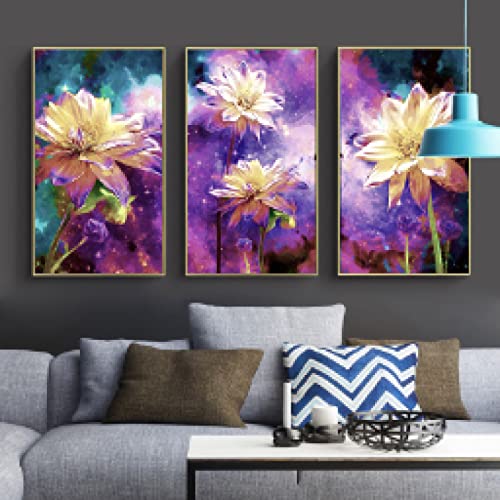 Tableau abstrait fleur violette galaxie pour salon chic 3 pièces 65x110cm