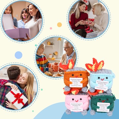 Image of Emotional Support Crochet Dumpster Fire with Positive Card Cute Room Decor Knitted Toys Funny Crochet Support Buddies Gifts for Friends (Green&Blue&Pink&Orange)