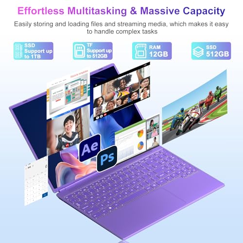 Image of 2025 16 Inch Gaming Laptop N5095 (Up to 2.9 GHz) 12GB+512GB SSD Support 1TB Expand Win 11 Laptops 1920 * 1200 FHD Screen 5G WiFi BT 4.2 Webcam Cooling Fan Numeric Keypad-Purple