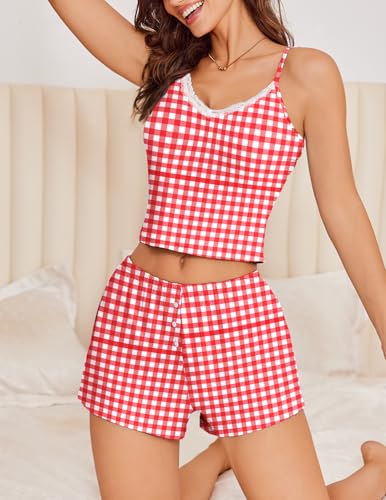 Image of Ekouaer Cami Pajama Sets Y2K 2 Piece Lace Crop Top and Shorts Sexy Pjs Summer Lingerie Sleepwear Nightwear for Women